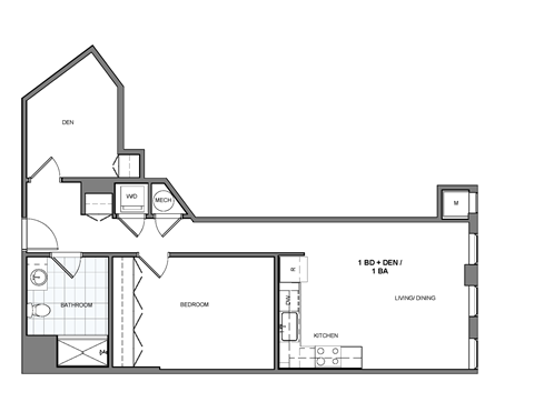Floor plan for 1 bed, 1 bath, 879 sqft